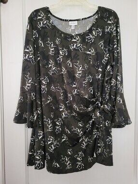 Avenue 22/24 Plus Size Floral Tunic Top Flowy Black White Green Bell Sleeves NWT
